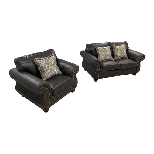 Roundhill Furniture Leinster Faux Leather Upholstered Nailhead Loveseat And Chair in Espresso Set, image 4