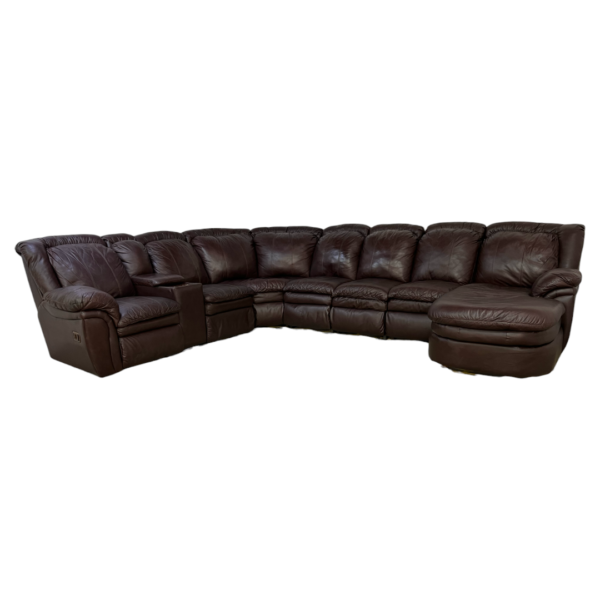 Large Brown Leather Recliner Sectional Couch and Chair